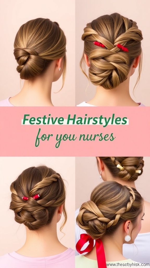 A variety of Christmas hairstyles for nurses, including elegant updos and festive accessories.